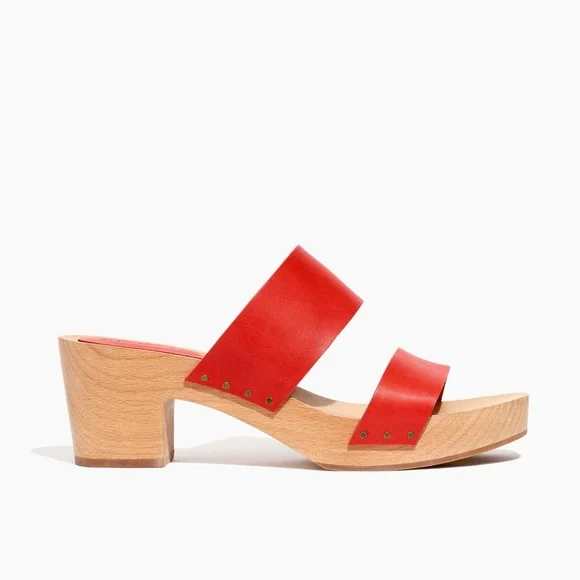 Madewell Lipstick Red Double Strap Leather Wood Clara Clog Heeled Sandal - Picture 14 of 14